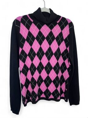 Apt 9 100% Cashmere Argyle Turtleneck Sweater XL Pink Black White Knit